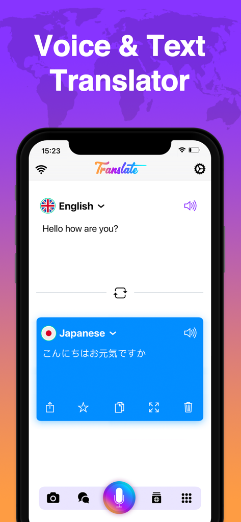 Translator » - A smartphone displaying the Translator app interface with an English to Japanese translation.