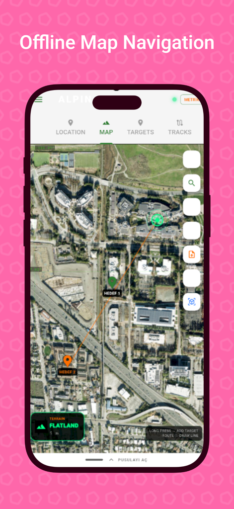 Alpine Quest PRO - Alpine Quest PRO app interface showing offline satellite map navigation with target waypoints