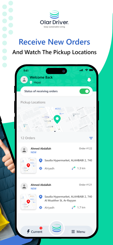 Olar Driver - Pantalla de la aplicación móvil Olar Driver que muestra una lista de nuevos pedidos de recolección de reciclables con ubicaciones de recogida en un mapa.