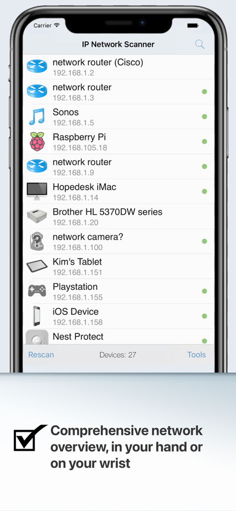 IP Scanner Ultra - IP 스캐너 울트라 앱에서 사용자 지정 아이콘 및 IP 주소와 함께 식별된 네트워크 장치 목록을 보여주는 iPhone 스크린샷