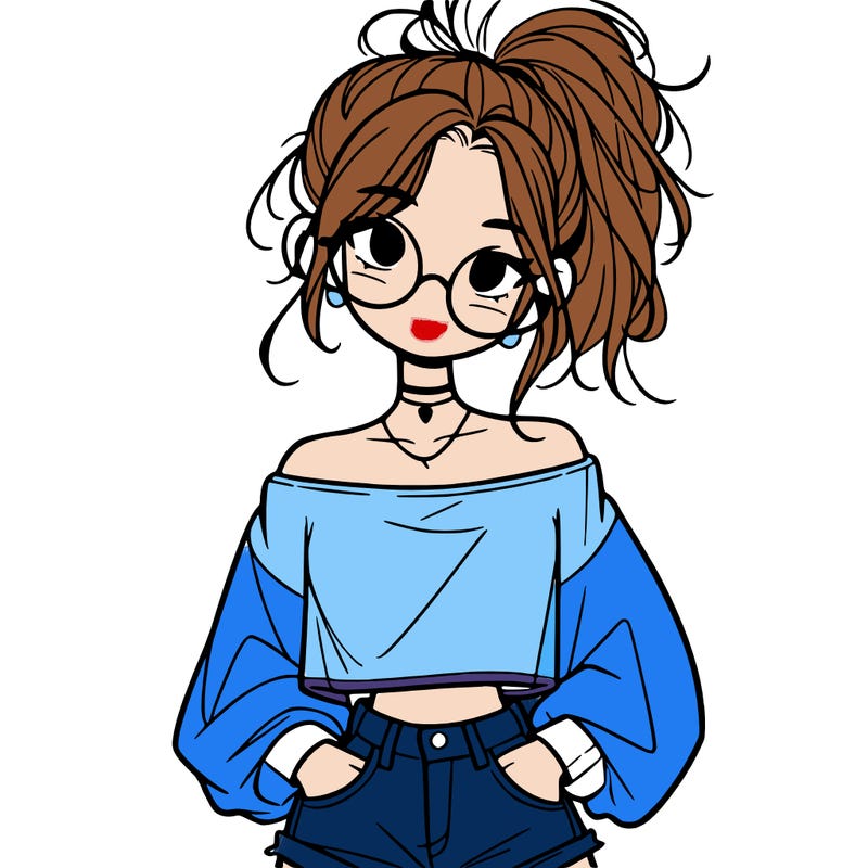 girl with a messy ponytail glasses a baggy crop top and jean shorts