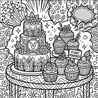 Indulge in a sweet, plant-powered coloring experience with this dynamic Pop Art design featuring an array of delicious vegan cakes and cupcakes. Unleash your creativity and bring these vibrant, animal-free treats to life with your favorite colors.