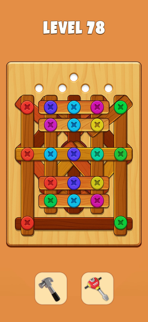Nuts & Bolts Screw Jam Game - Gameplay of Nuts and Bolts Screw Jam showing a wooden logic puzzle with colorful screws.
