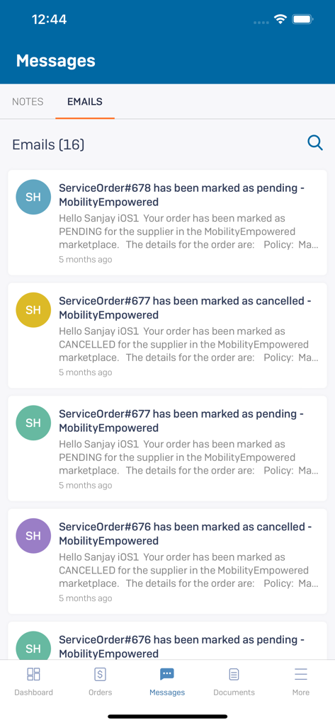 RelocateME - The messages and email notifications interface of the RelocateME app showing status updates for relocation service orders