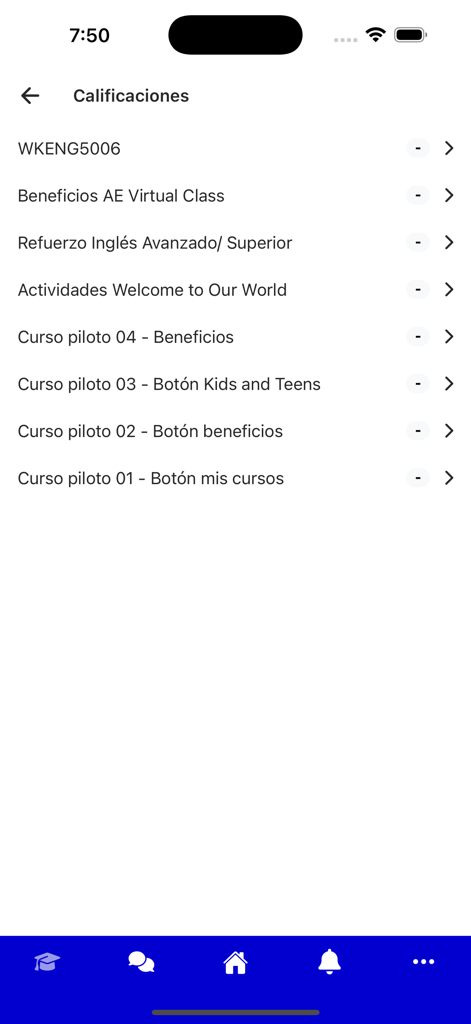Screenshot of the grades section in the AE Virtual Class app listing several courses.