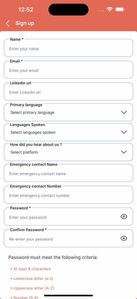 Registration screen for OnTheJob app showing fields for personal info language preferences and password setup