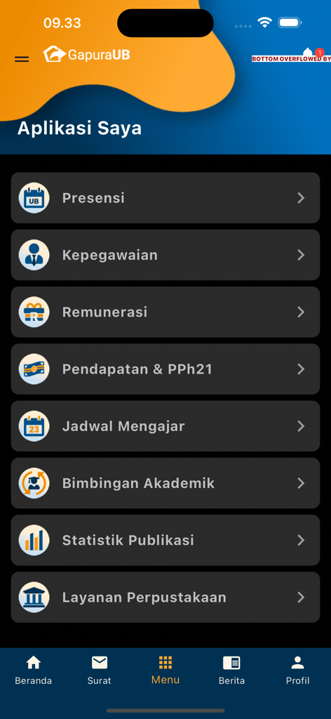 Gapura UB - Dashboard of the Gapura UB app displaying a list of academic and administrative services