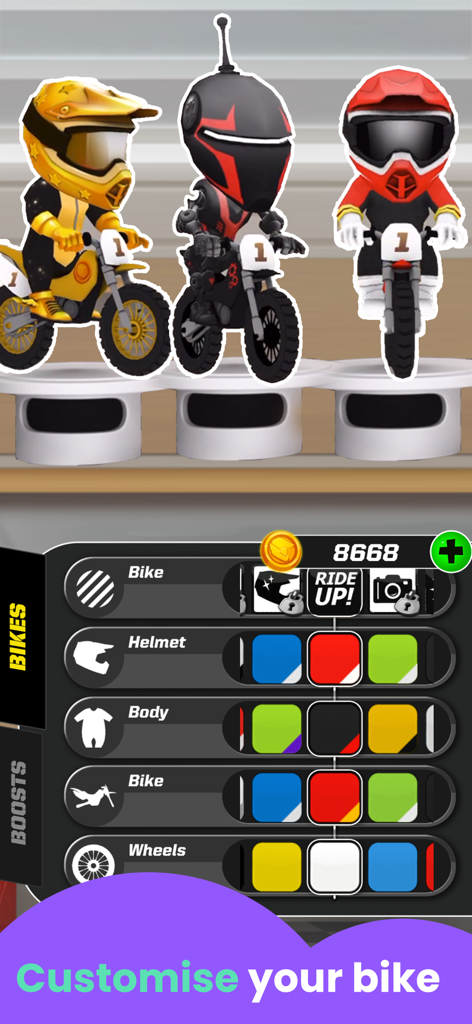 Motorcycle Games Kids: Racing - Customization screen in Motorcycle Games Kids Racing showing bike and character options