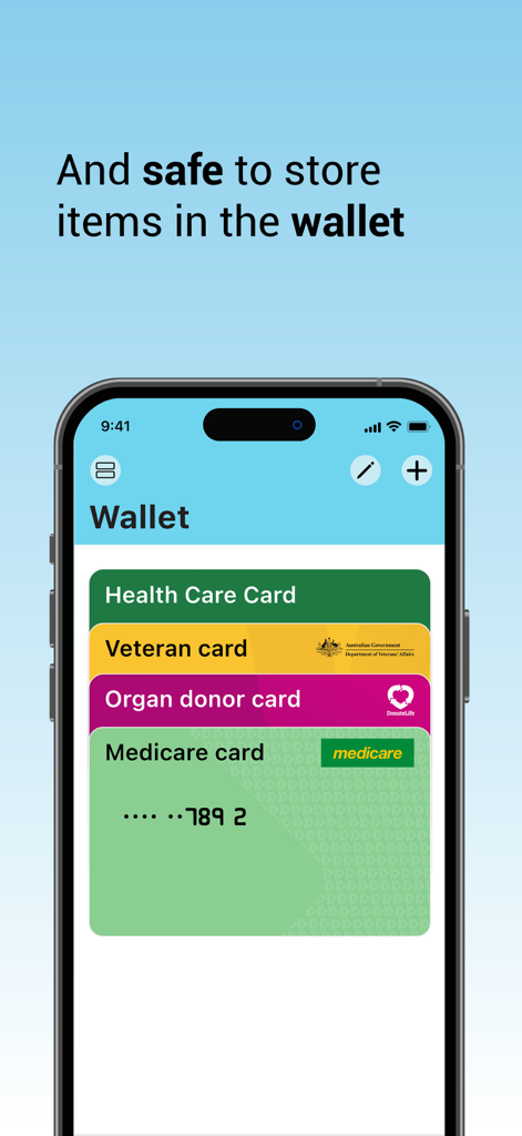 A smartphone screen showing the myGov app digital wallet containing government cards such as Medicare and Veteran cards