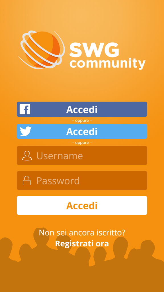 SWG Community - SWG Community app login screen with social login buttons and username credentials