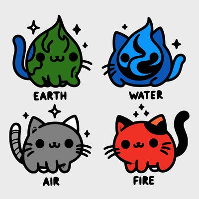 4 cats that represent the different elements, earth, water, air, and fire