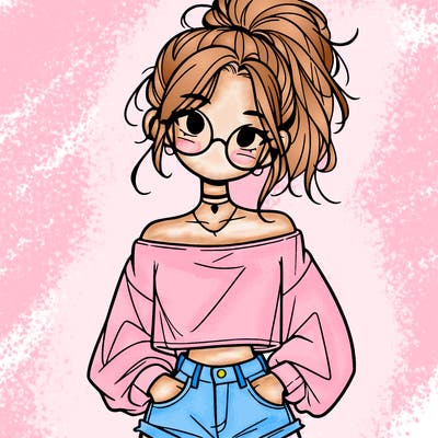 girl with a messy ponytail glasses a baggy crop top and jean shorts