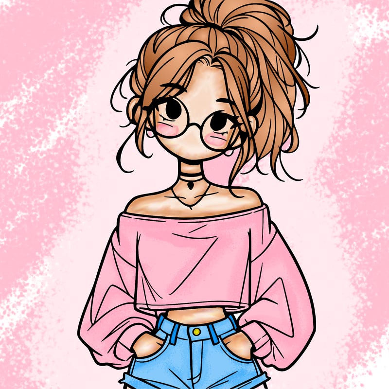 girl with a messy ponytail glasses a baggy crop top and jean shorts