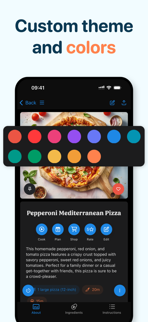 Pantalla de la aplicación CookBook que muestra opciones de temas de colores personalizados y una receta de pizza de pepperoni.
