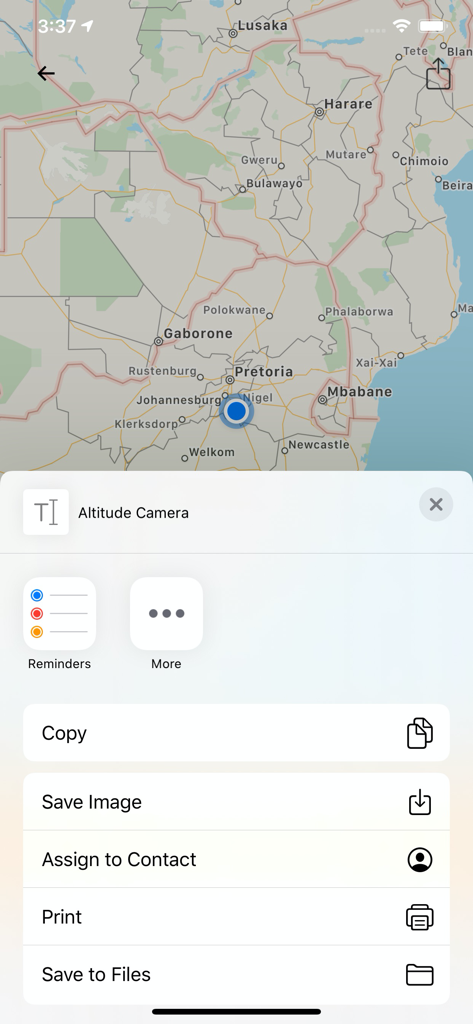 Altitude Camera app showing a map of Southern Africa and the iOS share sheet with options to save or copy.