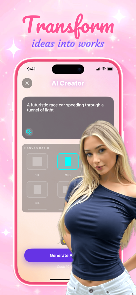 Suto: Share Your Prompt Art - Suto app AI Creator interface showing a text prompt input for a futuristic race car and canvas aspect ratio options