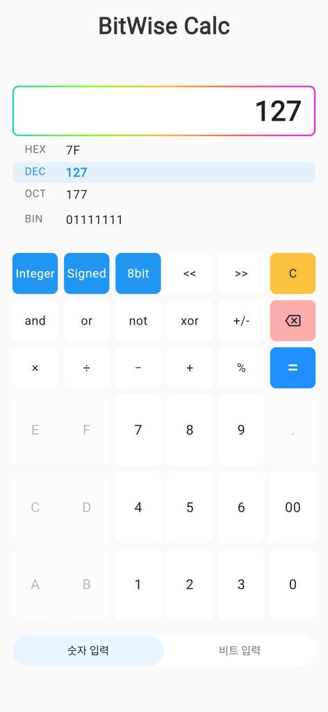 BitWise Calculator Pro interface showing number conversions in hexadecimal decimal octal and binary