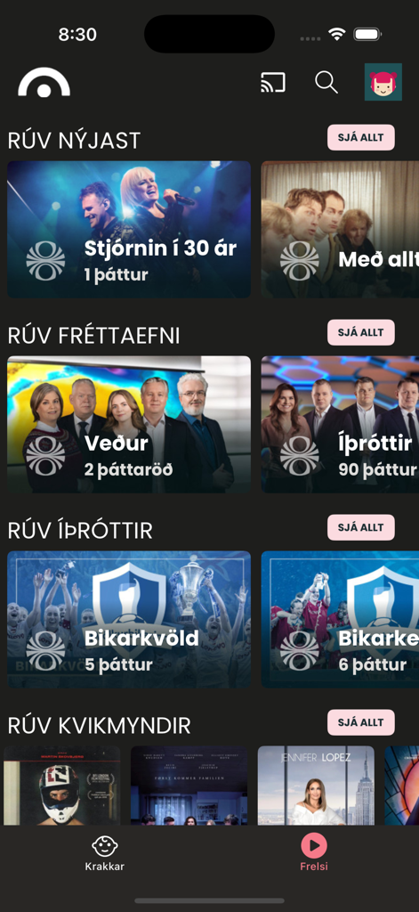 SÝN Sjónvarp - Interface of SYN Sjonvarp app with various Icelandic TV categories