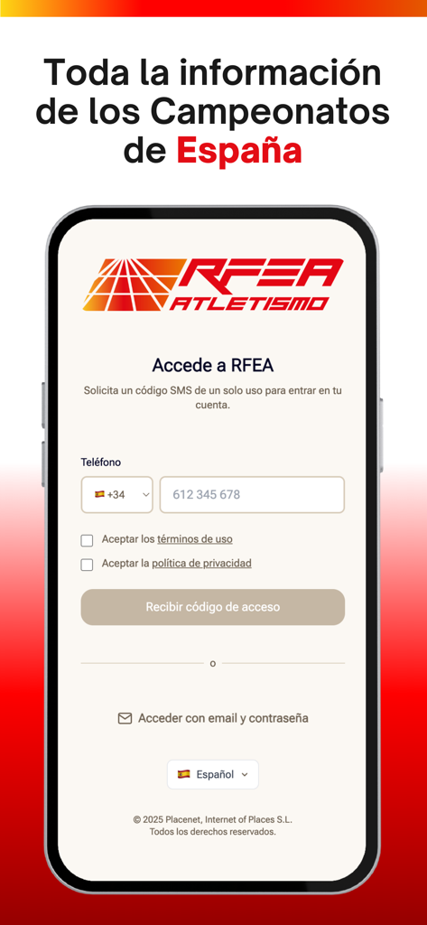 Página de inicio de sesión de la aplicación RFEA Atletismo para los Campeonatos de España de Atletismo.