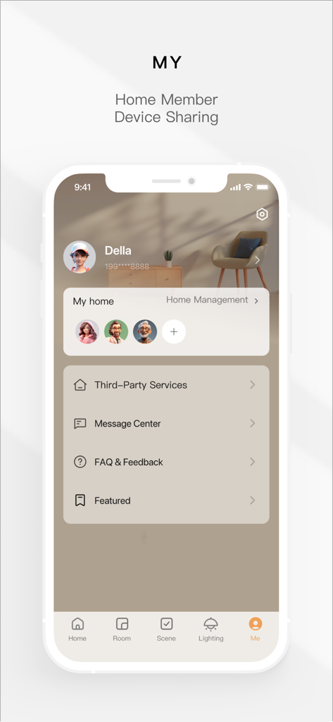 Tuya Home - Interfaz del perfil de usuario de la aplicación Tuya Home mostrando la configuración para compartir miembros del hogar y dispositivos.