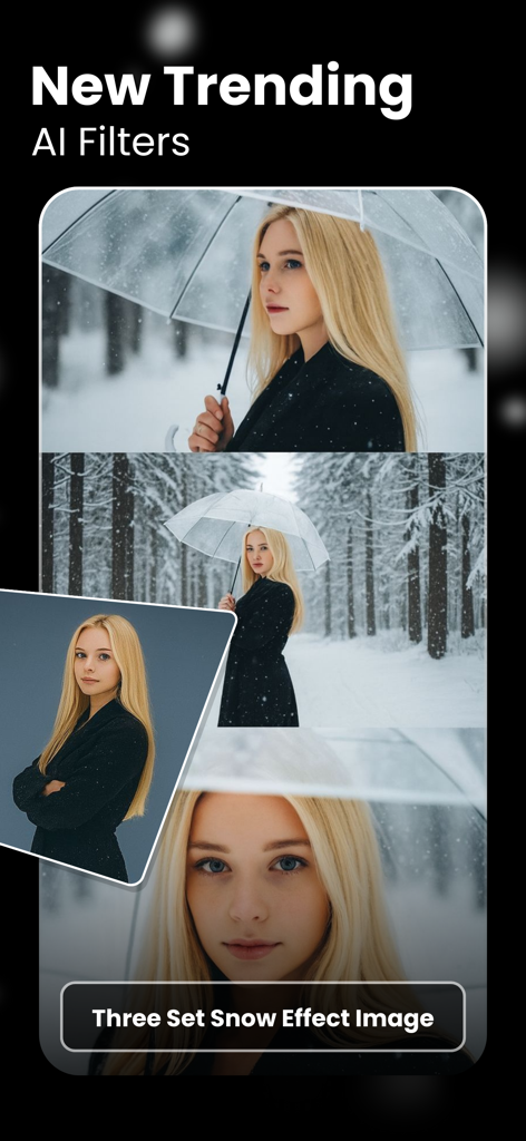 PixVerse AI Picture Generator - AI generated snow effect filters featuring a woman with blonde hair in winter scenes