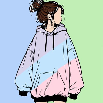 realistic girl with a oversized sweatshirt on and a bun