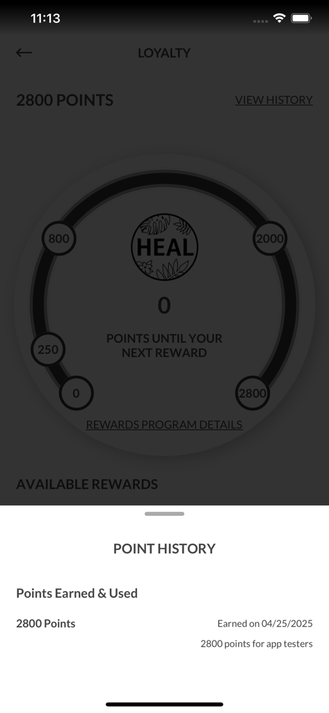 Heal Wellness app loyalty screen showing points balance and rewards history