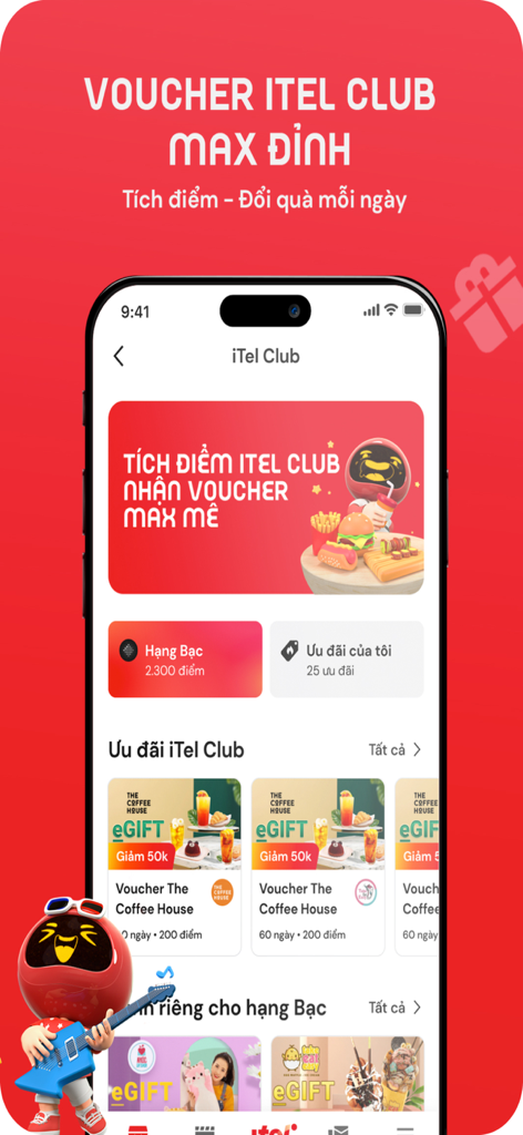 My iTel app interface displaying iTel Club loyalty points and discount vouchers