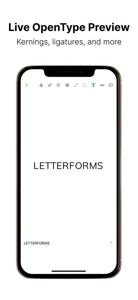 Letterforms - Font Maker - Live OpenType preview on iPhone showing kernings and ligatures in the Letterforms app.
