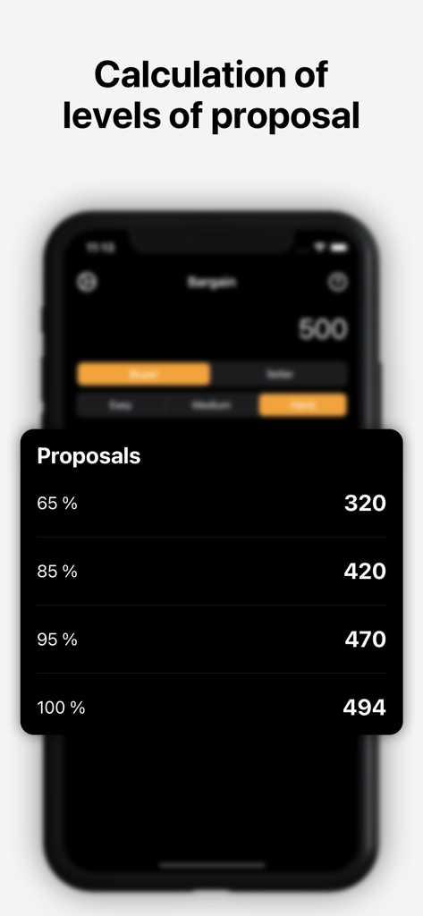 calculator buy sell - Bargain - A mobile screen showing calculated proposal levels for a negotiation based on percentages.