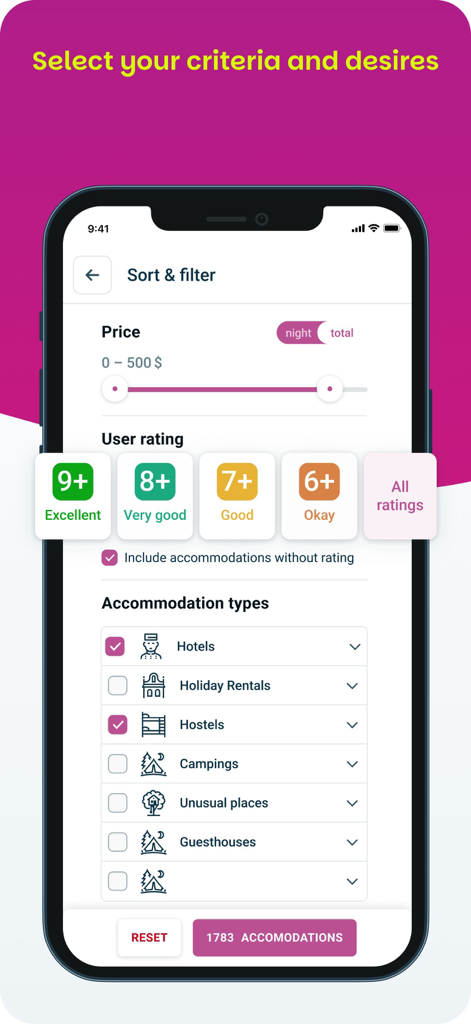 Interfaccia dell'app Cozycozy che mostra i filtri di ricerca per prezzo, valutazioni e tipi di alloggio