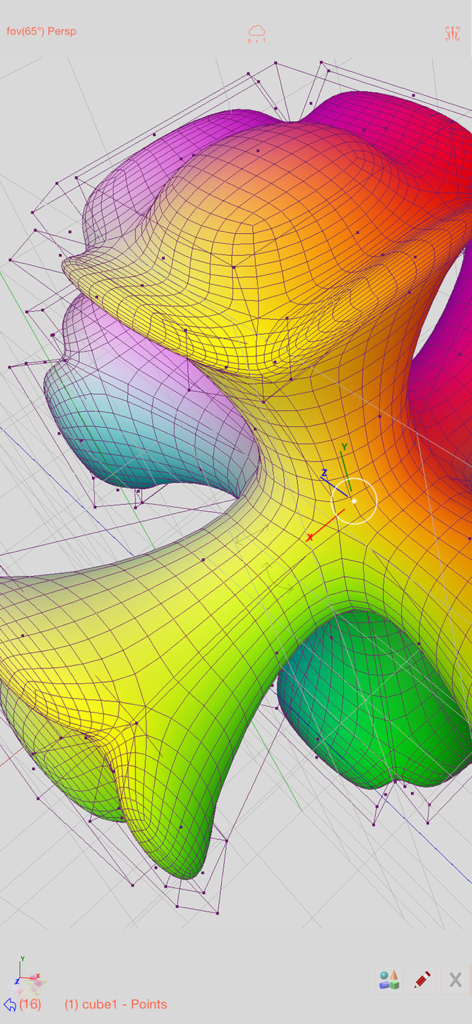 Sketch 3D - A colorful organic 3D mesh model being edited with wireframe and vertex points in the Sketch 3D app