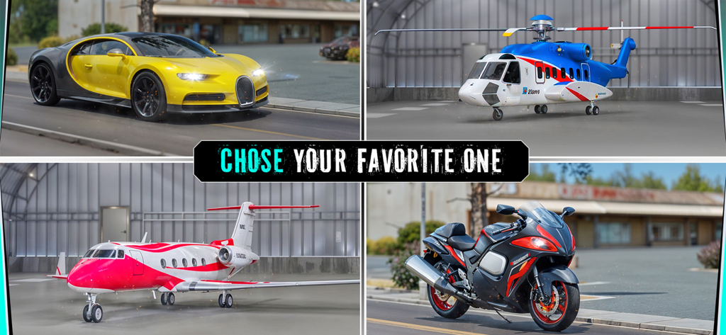 Street Rebel: Open World Game - A collage showing a sports car a helicopter a private jet and a motorcycle from the Street Rebel open world game