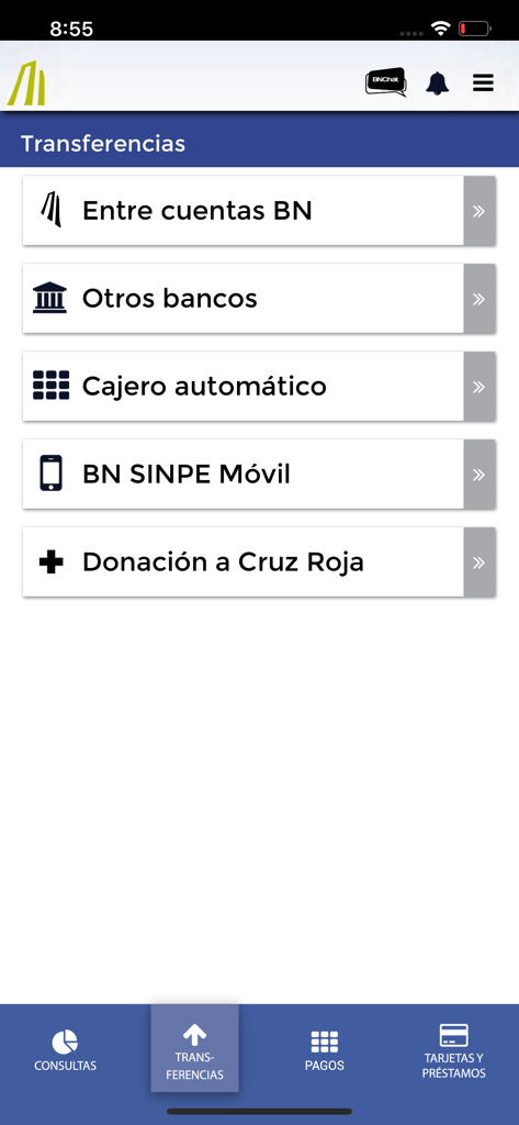 BN Móvil - Interface of the BN Movil app showing transfer options like BN accounts, other banks, and SINPE Movil.