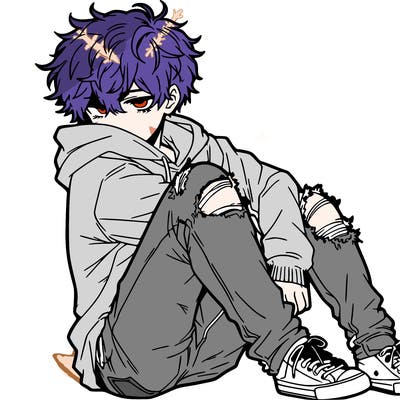 a male hoddie ripped jeans messy hair anime