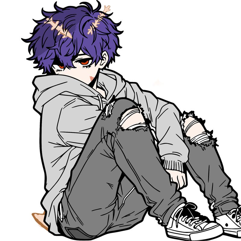 a male hoddie ripped jeans messy hair anime