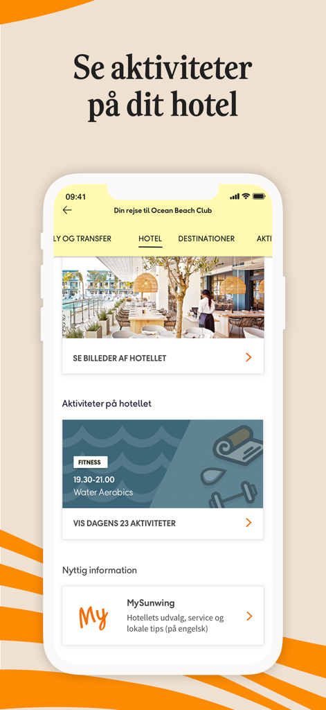 Spies – rejser, fly & hoteller - Smartphone screen showing hotel activities and water aerobics schedules in the Spies travel app