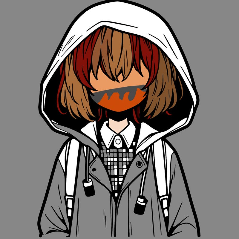 little anime girl in a raincoat her hair is covering her eyes she has a lighter