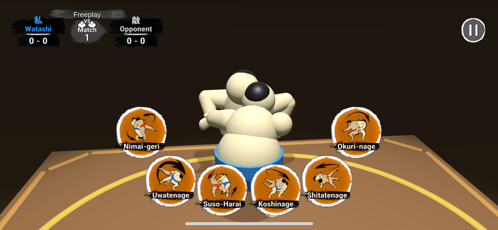 Sumo Wrestling Challenge - Sumo wrestlers grappling in a ring with move selection icons displayed on the screen.