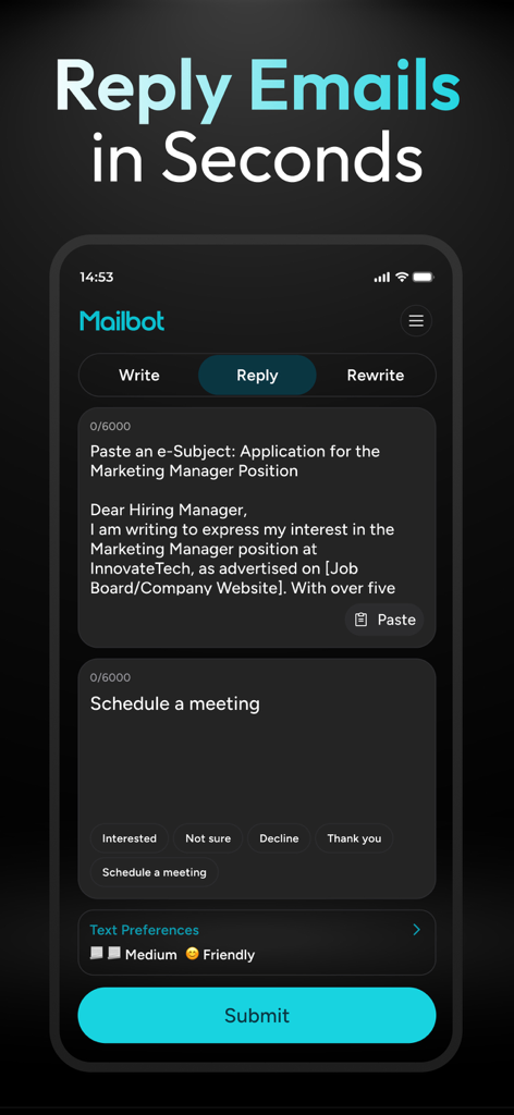 Mailbot - AI Email Writer - Mailbot app interface showing the AI email reply feature with options for tone and length customization.