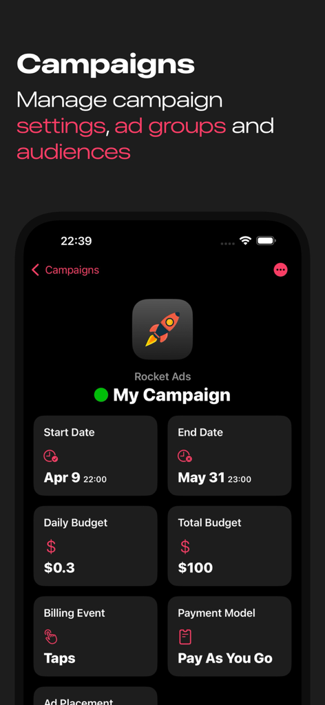 Rocket Ads - Interface of Rocket Ads app for managing campaign settings and budgets.