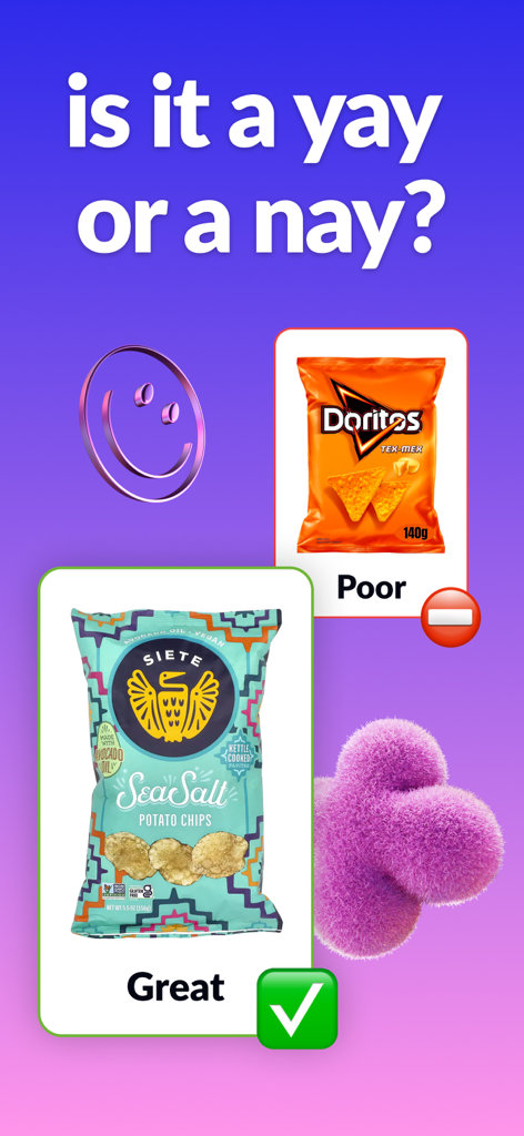 Una comparación entre Doritos poco saludables etiquetados como malos y chips Siete saludables etiquetados como geniales en la aplicación Goodie AI food scanner.