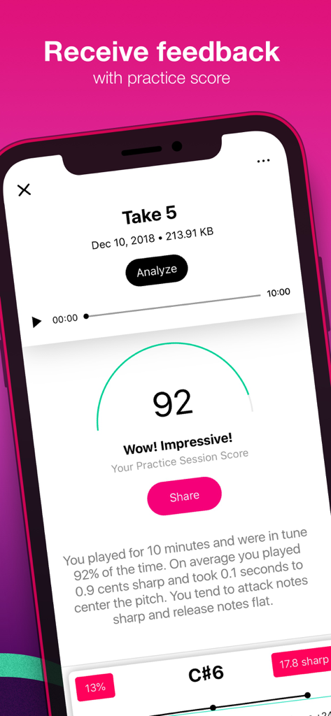 Tunable – Tuner & Metronome - A mobile interface of the Tunable app displaying a practice score and performance feedback.