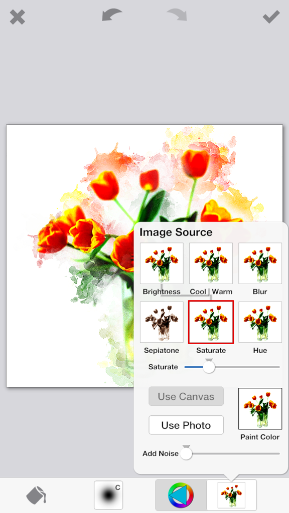 PhotoViva - Paintings from your photos! - PhotoViva mobile app interface showing a floral photograph being edited into a watercolor painting with saturation and brush tools