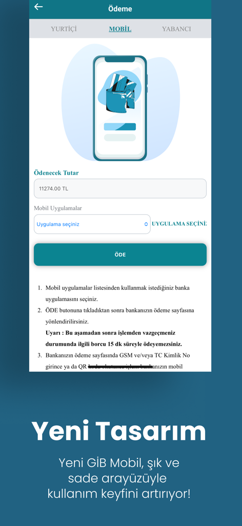 Payment interface of the GIB mobile app showing tax debt payment options and a new modern design
