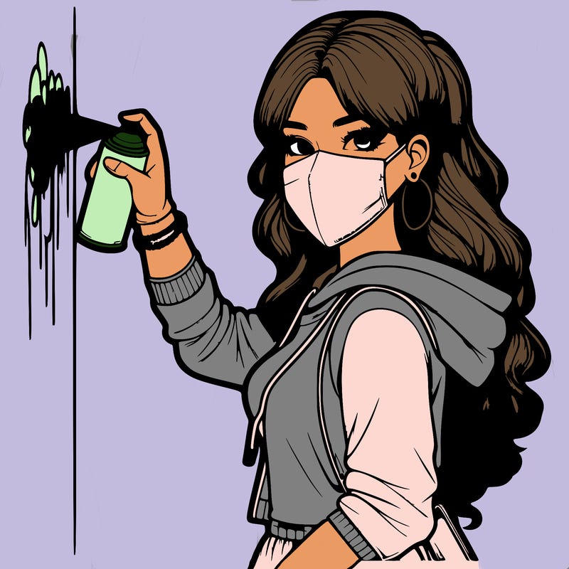 realistic girl with mask spray painting a wall