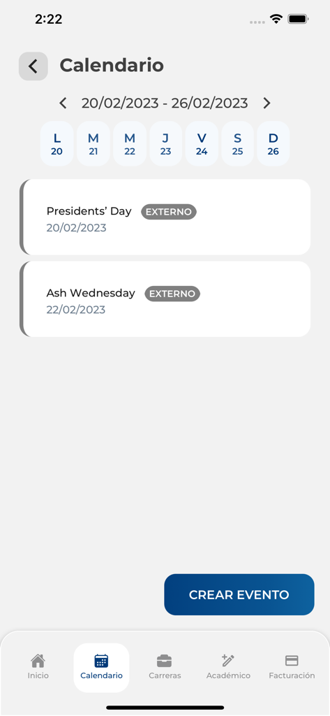 예정된 이벤트를 보여주고 새 항목을 만드는 버튼이 있는 UA now 앱의 학업 캘린더 화면