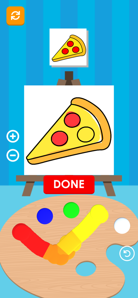 Mix & Paint - A screenshot of the Mix and Paint game showing a pizza slice being painted while red and yellow colors are mixed on a palette.