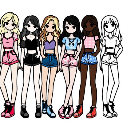 a group of girls wearing crop tops and shorts