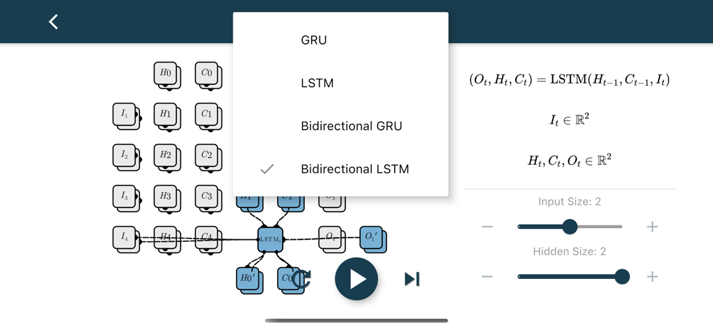 Interactive tutorial for LSTM neural networks showing model selection and architectural parameters